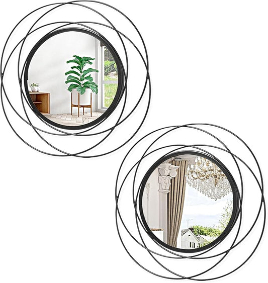 2 Set 12'' Black Circle Mirrors Wall Decor Iron Frame Wall Art Round Mirror Home Decor Hanging for Living Room Bedroom Bathroom Entryway
