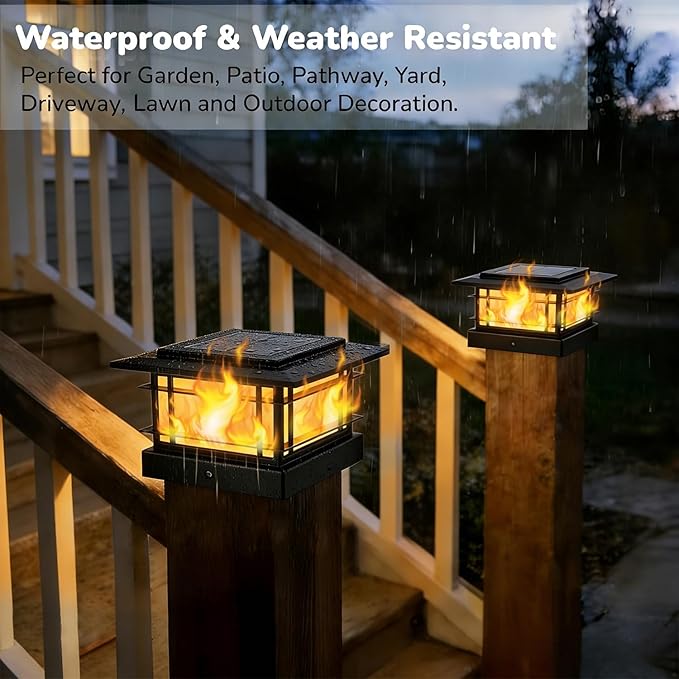 Dynaming 4x4 Solar Post Cap Lights Outdoor with Flickering Flame Light, Black Shell Fence Post Solar Lights Fit Vinyl/Wooden Posts, Brightness LED Lighting Decor for Garden Deck Patio, 12 Pack