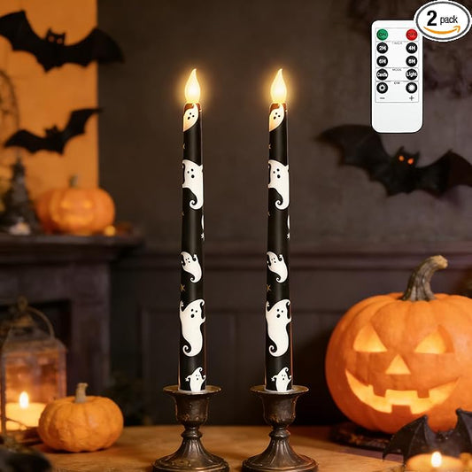 Halloween Decor Flameless Taper Candles with Remote & Timer - White Ghost Decal Black LED Taper Candles with Timer - Home Party Horror Theme Haunted House Decorations, Set of 2