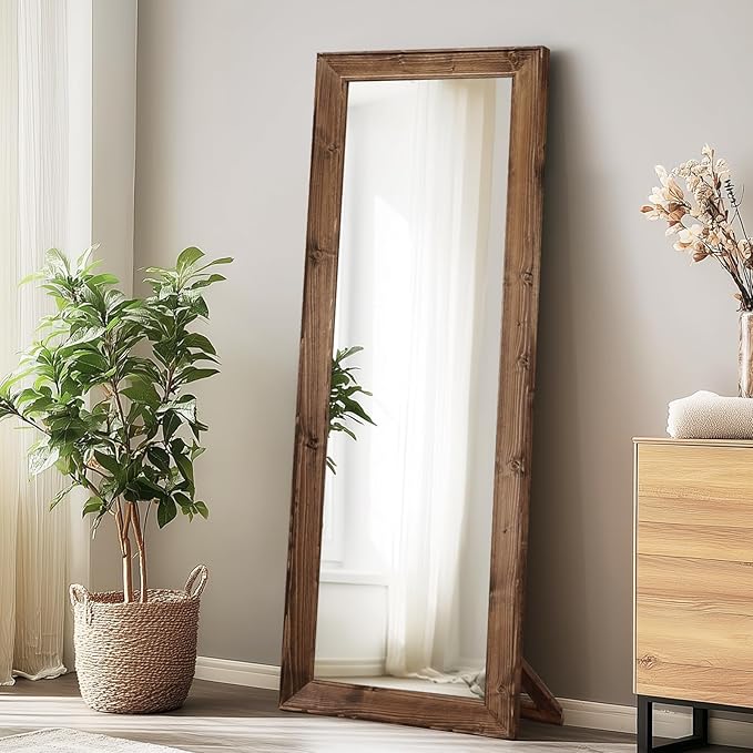 Full Length Mirror 65"x22" - Beveled Edge Rustic Brown Dressing Mirror, Solid Wood Frame, Wall Mounted or Standing for Bedroom, Entryway, Living Room