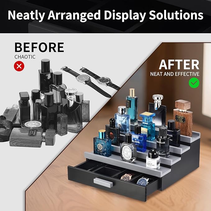 Perfume Organizer for Men, 4 Tier Wood Perfume Display Stand with Velvet Lining Drawer and Hidden Compartment for Watch,Jewelry,Perfume Display Risers,A Gift for Men (Black+Gray)