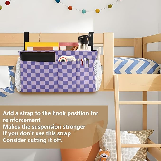 Purple Checkerboard Print Bedside Caddy Storage Bag Bedside Organizer for Bunk Bed Headboards College Organizer Caddy Hanging Shelf 6 Pockets with Hooks for Drinks Magazine Phone Holder