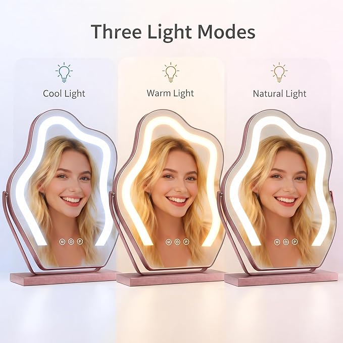 Makeup Mirror with Lights - 17″ Cloud Shaped Smart Touch 3-Color Dimmable 360° Rotation Memory Metal Frame Plug-in AC Power Tabletop Vanity Mirror Gift for Women Teen Girls Rosegold