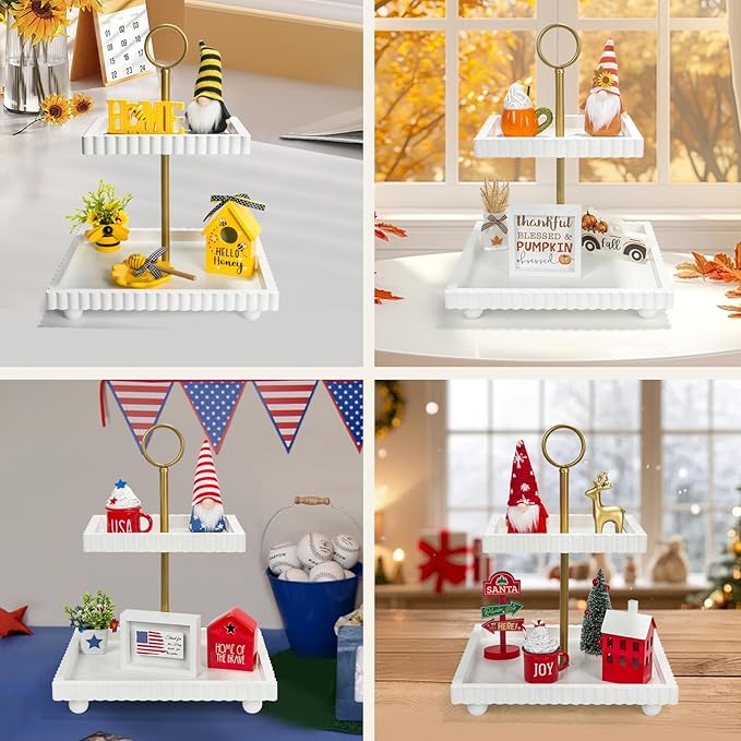 Wooden Two Tiered Tray Stand for Decor, Modern 2 Tier White Rectangular Decorative Tray with Gold Handle Farmhouse Countertop Serving Display Stand for Home Kitchen Coffee Bar Table Centerpiece