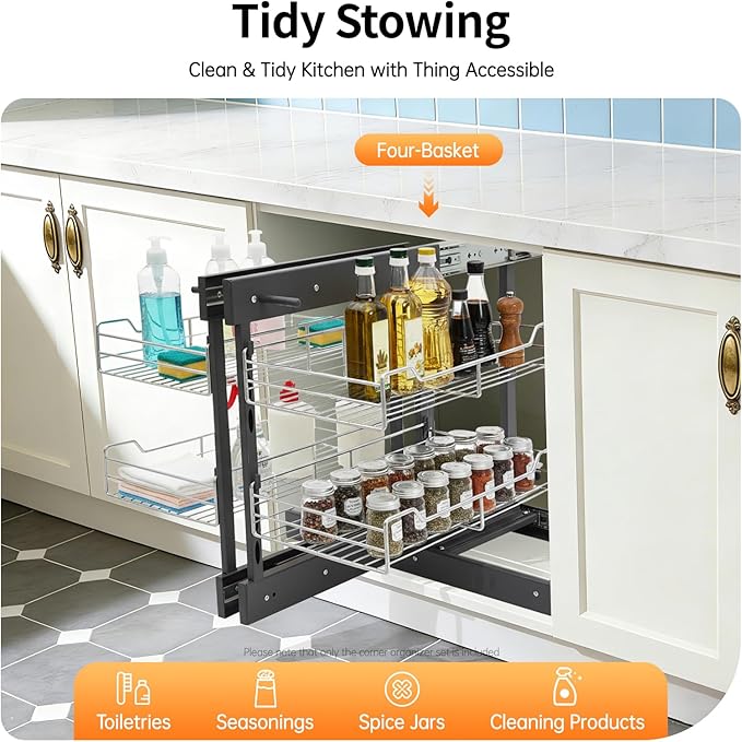 2 Tier Blind Corner Pull Out Organizer,Kitchen Slide Out Corner Cabinet Organizer Shelf with 4 Basket,Left Open & Right Open Compatible Cupboard Storage Shelf for Kitchens Bathrooms Laundries
