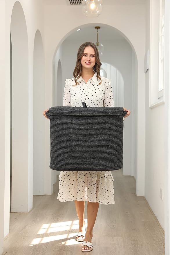 22"x14"x18" Rectangular Extra Large Storage Basket With Lid, Large Cotton Rope Storage Basket, Woven Laundry Hamper, Cloth Storage Bin, for Clothes Towels Blankets in Living Room, All Black Grey Mix
