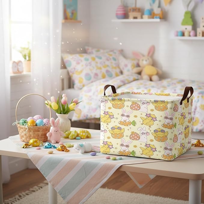 Large Rectangular Cute Kid Easter Basket Empty Bunny Eggs Easter Basket Gift Spring Room Storage Organizer Décor (E-11)