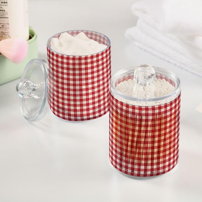 Red White Gingham 14oz Storage Jars with Lids, Clear Plastic Airtight Kitchen Food Canisters for Candy, Salt, Coffee Beans, 2 Pack