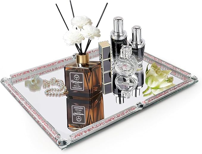 Large Crystal Serving Tray, 15.7" x 11.8" Crushed Diamond Mirror Perfume Rectangular Makeup Display Tray, Crystal Makeup Organizer for Bathroom, Home Decor, Cosmetics, Dresser(Rose Red)