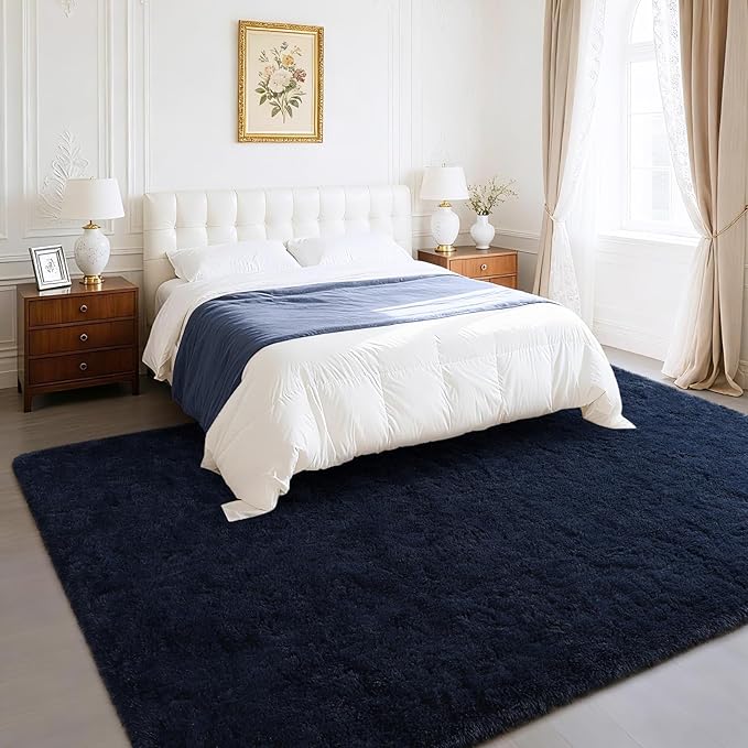 BENRON Navy Blue Fluffy Rugs for Living Room Bedroom 4x6, Soft Plush Fuzzy Shaggy Rugs for Kids Girls Boys Room Decor, Washable Indoor Floor Carpets