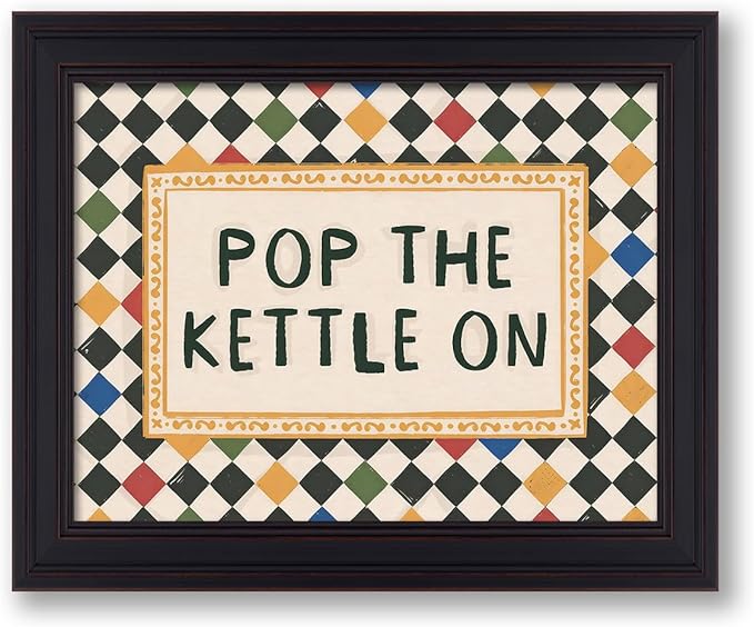 Modern Colorful Eclectic Wall Art Pop The Kettle On Minimalist Quote Poster Vintage Aesthetic Canvas Prints for Living Room Kitchen Gallery Wall Decor 08x10 inch Vintage Framed