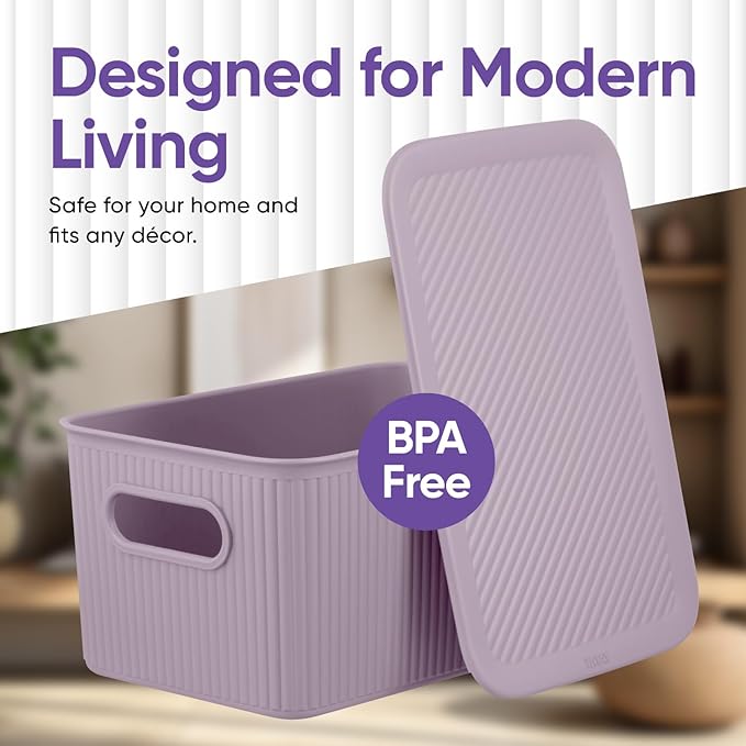 Superio Ribbed Collection - Decorative Plastic Basket Open Home Storage Bins Organizer, Lilac (Parent) Container Boxes for Organizing Closet Storage Bins for Shelves (Lid - Medium (5 Liter), 6 Pack)