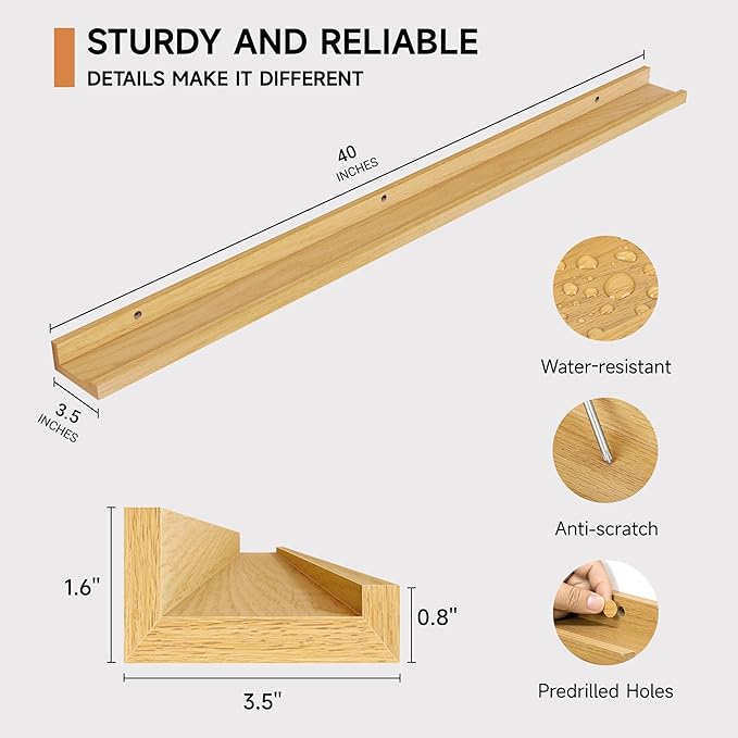 Fun Memories Picture Ledge Shelf, 40 Inch Floating Shelves Set of 2, Large Nursery Book Shelves for Toys Storage, Kids Bookshelf Wall Mounted for Wall Decor Books Photo Frames, Oak