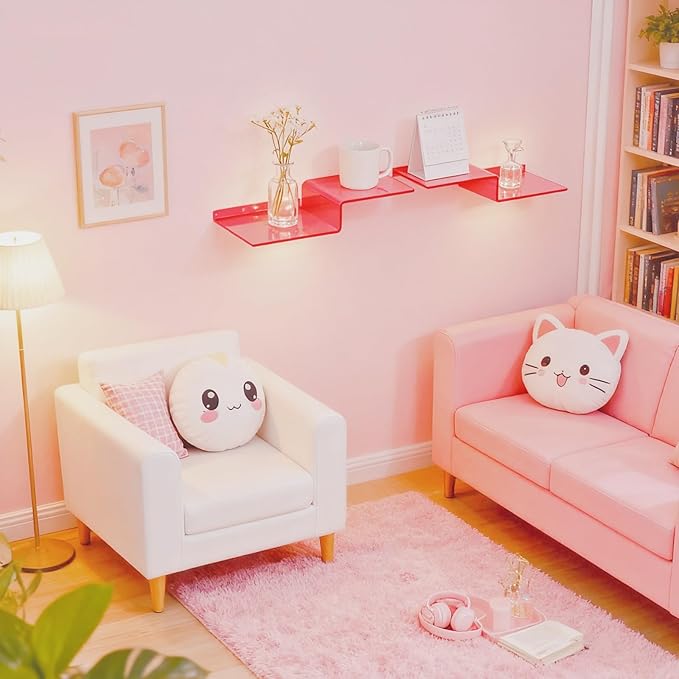 SetGame 2-Pack Acrylic Shelves Z-Shaped Display Stand Wall Mounted, 12 Inch Wall Storage Organizer for Toys, Books, Plants, Photos Album, Suit for Office, Living Room, Room Decor (Neon Pink)