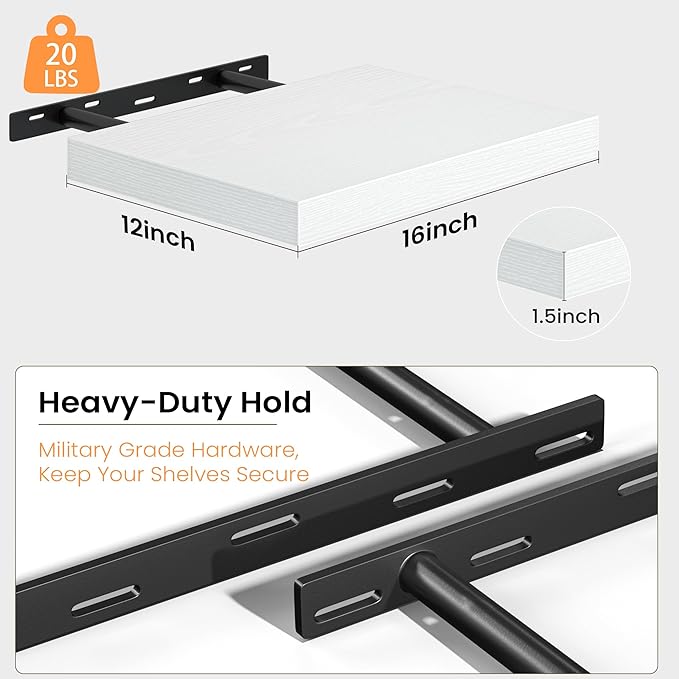 White Floating Shelves for Wall, 16'' W x 12'' D Wall Mounted Rustic Wood Shelves for Bathroom, Bedroom, Living Room, Kitchen, Hanging Shelf for Storage/Room Decor with Heavy Duty Brackets, 2 Pack