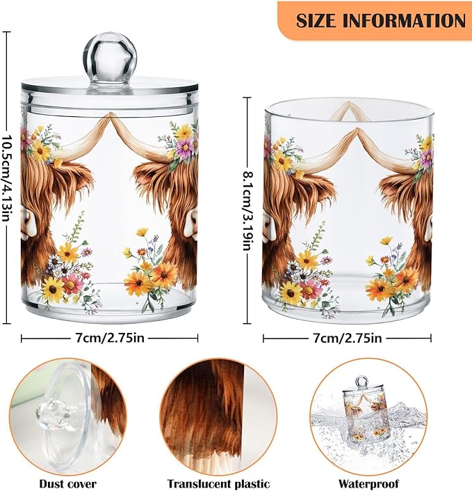 4 Pack Qtip Holder Dispenser Adorable Highland Cow Florals Cotton Ball Swab Round Pads Floss Clear Bathroom Storage Containers Plastic Apothecary Jars with Lids