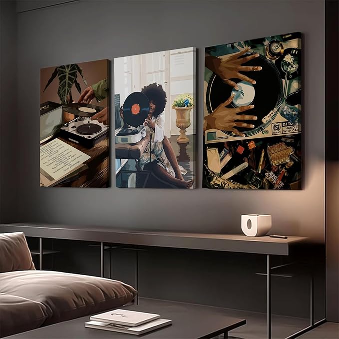 YFvrPt Black Girl Wall Art Decor Modern Black Woman Painting Prints, Set of 3 African American Music Record Player Poster Canvas Artwork for Bedroom Living Room 12x16 inch Framed