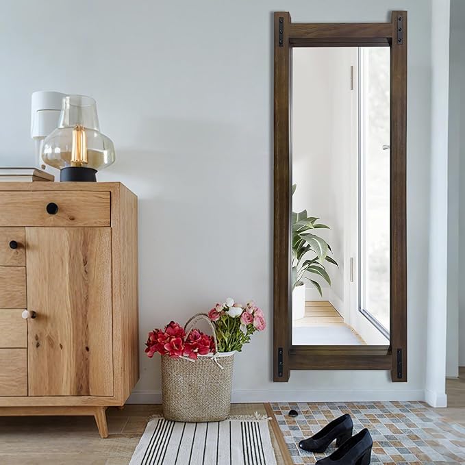 Full Length Mirror with Wood Frame ，60" x 21" Standing Full Body Floor Wall Mounted Hanging Mirror for Bedroom, Living Room，Cloakroom