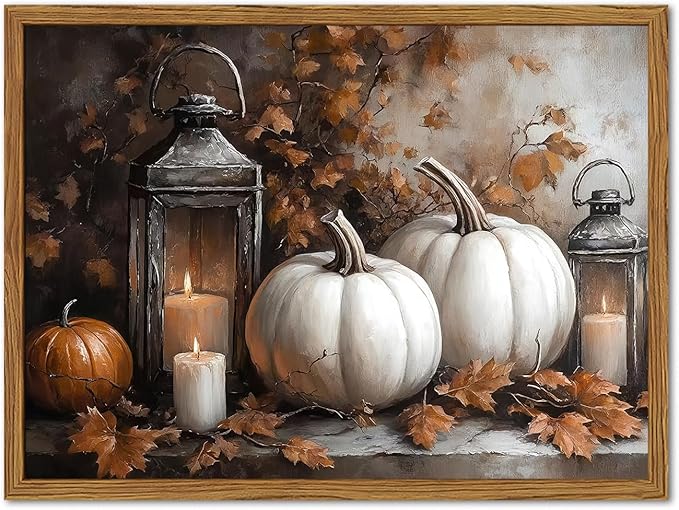 Framed Vintage Fall Pumpkin Canvas Wall Art, Rustic Farmhouse Autumn Paintings Wall Decor, Thanksgiving Pumpkins Pictures Prints Aesthetic Home Decor for Living Room Kitchen Office 12×16 inch
