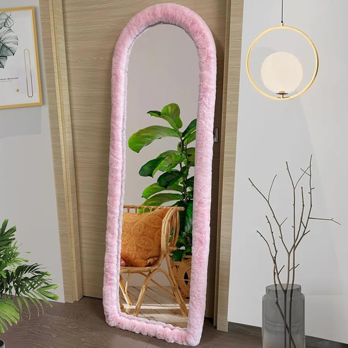 Fluffy Mirror Cover - 59"x16" Full Length Ultra Soft Non-Slip Cover Universal Stretch Cover Warm Home Decor for Bedroom Cloakroom (Pink-Without Mirror)