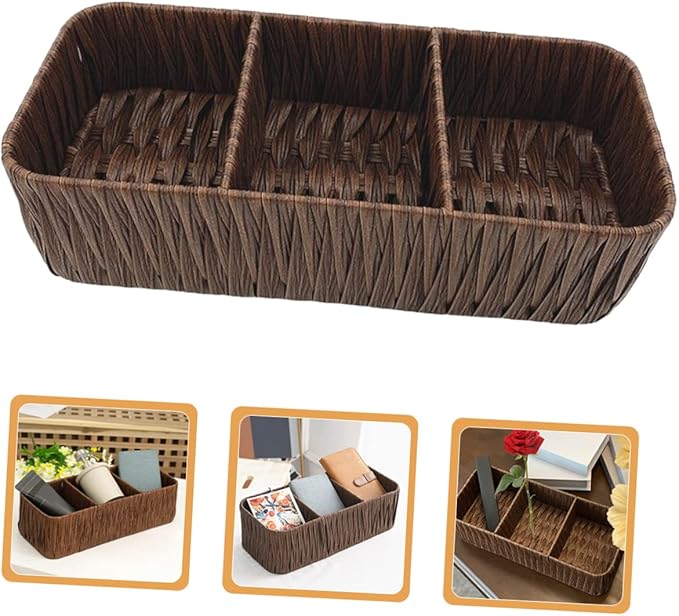 Vintage Woven Storage Box Organizer 3 Compartments Imitated Rattan Design Decorative Tabletop Sundries Basket for Home Office and Craft Supplies
