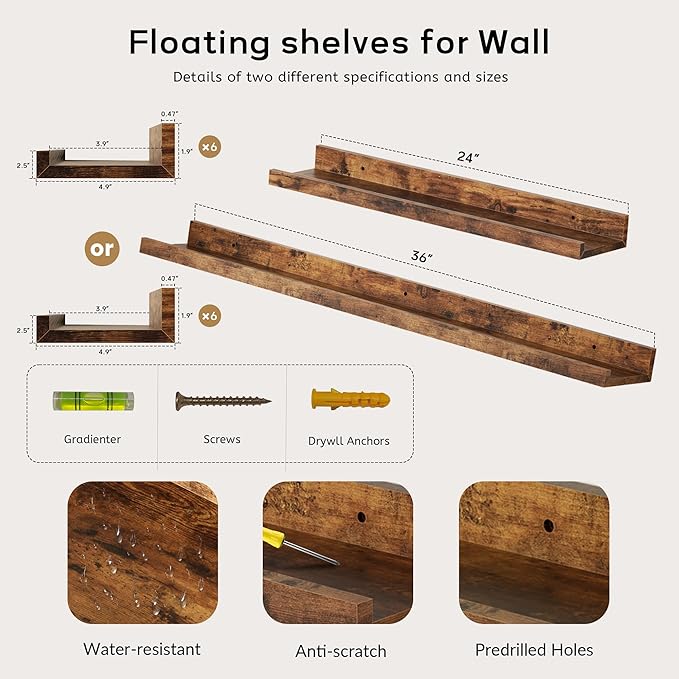 Merapi 6-Pack Floating Shelves for Wall, 24 Inch Long Modern Wood Shelves for Living Room, Bedroom, Bathroom & Kitchen Decor, Easy Installation Wall Mounted Storage Display Shelves