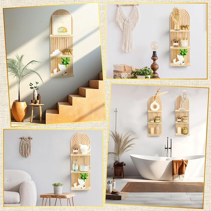 Geetery 2 Pcs Boho Wall Shelf Arch Wooden Floating Shelves Mid Century Rainbow Wall Shelf Hanging Holder Double Vintage Mount Altar Decor for Nursery Bedroom(3 Tier)