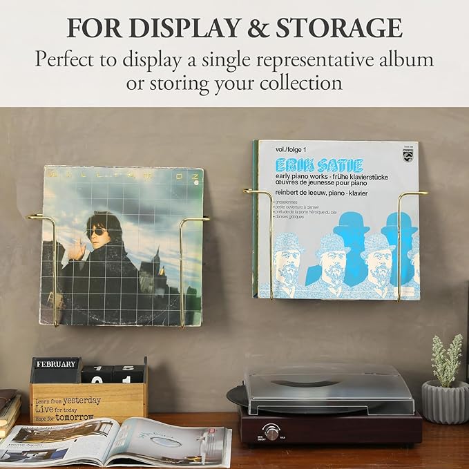 MyGift Modern Metal Wire Wall Mounted Vinyl Records Storage Racks, Hanging LP Record Holders, Floating Album Cover Display Shelves, Set of 2 (Brass- 4 Pcs)