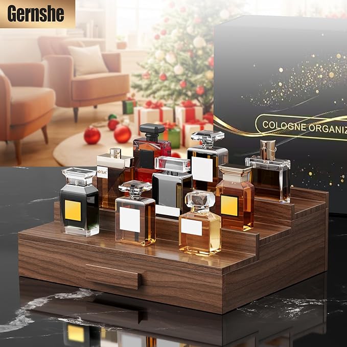 Solid Walnut Cologne Organizer for Men,Cologne Stand,3 Tier Wooden Cologne Holder Shelf Display,Perfume Stand Organizer with Drawer Storage,Gift for Men Dad Husband,Mens Valentines Day Gifts
