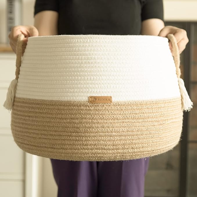 R RUNKA Small Basket for Stuffed Animal,Clothes ,Baby Blankets -11.8"x9.8"- Boho Baskets for Living Room,Bedroom,Nursery |Cotton Rope Baskets, Cube Basket, Under Shelf Basket | Baskets for Home Decor