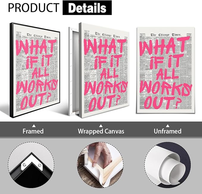 Pink What If It All Works Out Quote Poster, Vintage Black White Newspaper Canvas Wall Art, Trendy Positive Affirmations Picture Print, Charming Inspirational Office Wall Decor 24x36in Unframed