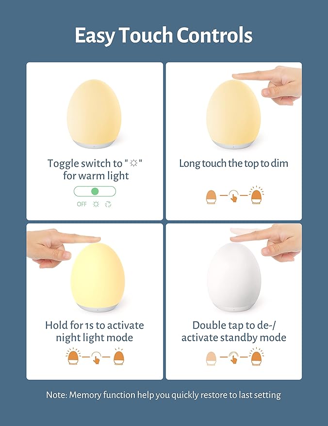JolyWell Night Light for Kids, Baby Night Light with 7 Colors Changing Mode & Stepless Dimming, Nursery Night Light BPA Free,Rechargeable Egg Night Light for Breastfeeding 1h Timer & Touch Control