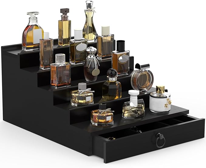 upcessory Cologne Organizer for Men, 5 Tier Black Cologne Shelf, Perfume Stand with Drawer and Hidden Compartment Perfume Display Holder - A Gift for Men