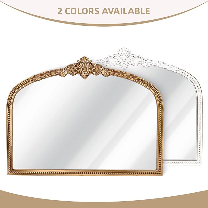 Farmhouse Wide Arched Mirror - 32x42 Inches Antique Gold Baroque Wooden Mirrors, Vintage Ornate Beaded Decorative Mirror for Living Room, Mantel