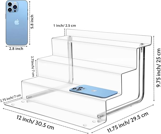 AMT Acrylic Riser Display Stand, 100% Acrylic Clear 4-Tier Organizer for Figures, Cupcake, Perfume, Sunglasses (12 inch x 2.75 inch) 3-pack