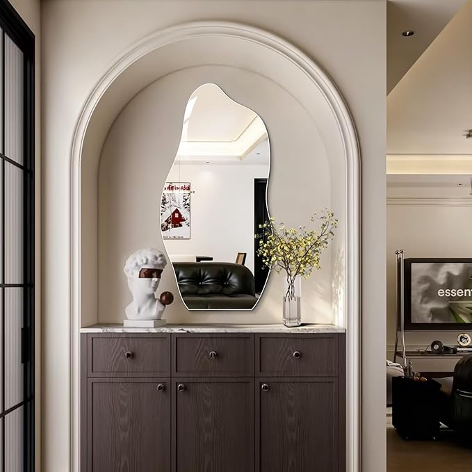 Niccy 48"×24" Frameless Wavy Full Length Mirrors, Long Wall-Mounted Mirror for Living Room, Large Full Body Floor Mirror, Explosion-Proof Tall Hanging-Mirror for Bathroom Bedroom Entryway Decor
