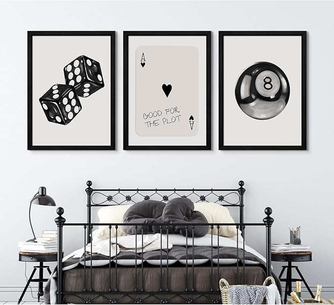 Black White Aesthetic Wall Art Decor 8 Ball Canvas Poster Y2k Cool Dice Pictures Black White Room Decor Trendy Poker Poster Prints Retro Painting Artwork for Apartment Dorm 16x24 Inch Wood Framed 3Pcs