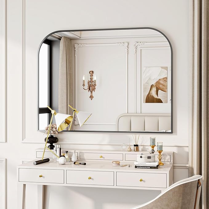 Black Arched Top Wall Mounted Mirror - 48 x 30 Inch Round Cruved Top Bathroom Vanity Mirror, Aluminum Metal Framed, Home Decor for Living Room, Bedroom, Fireplace, Mantle, Entryway