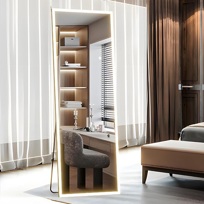 63x20 inches Full Length Mirror with Lights, Wall Mounted, 3 Color Lighting & Adjustable Brightness, Modern Home Decor for Bedroom, White