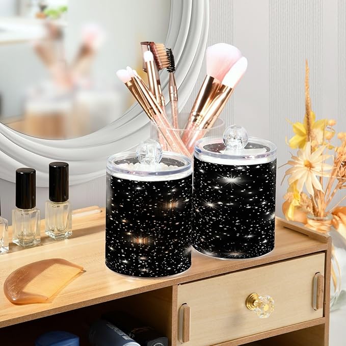 Nander 4Pack Spark Star Background Qtip Holder Dispenser -Clear Plastic Apothecary Jars Set - Restroom Bathroom Makeup Organizers Containers for Cotton Swab, Ball, Pads, Floss