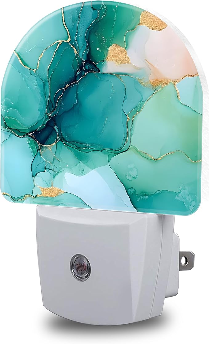 Night Light, Turquoise and Gold Marble Night Lights Plug into Wall Dusk to Dawn Sensor Round Nightlight for Women Men Energy Efficient Led Lamp 0.5W for Stairway Hallway Bedroom