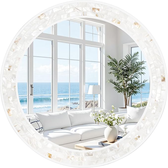 Tanmicoshomy Round Bathroom Mirror 26 Inch, Circle Mirror with Natura Shell Inlay Frame, Decorative Round Mirror for Bathroom Bedroom Living Room Entrayway