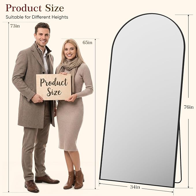 76"x34" Arched Full Length Mirror with Stand, Free Standing Leaning Wall Mounted Aluminum Alloy Frame Mirror for Bedroom Living Room Cloakroom, Black