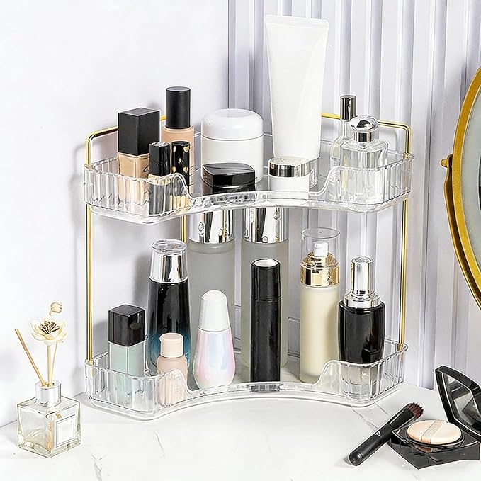 Multi-Tier Corner Countertop Organizer Rack, 3 Tier Corner Bathroom Counter Organizer, 90° Space-Saving Makeup Organizer Shelf, Tool-Free Installation for Cosmetic, Dresser, Kitchen (Clear-2tier)