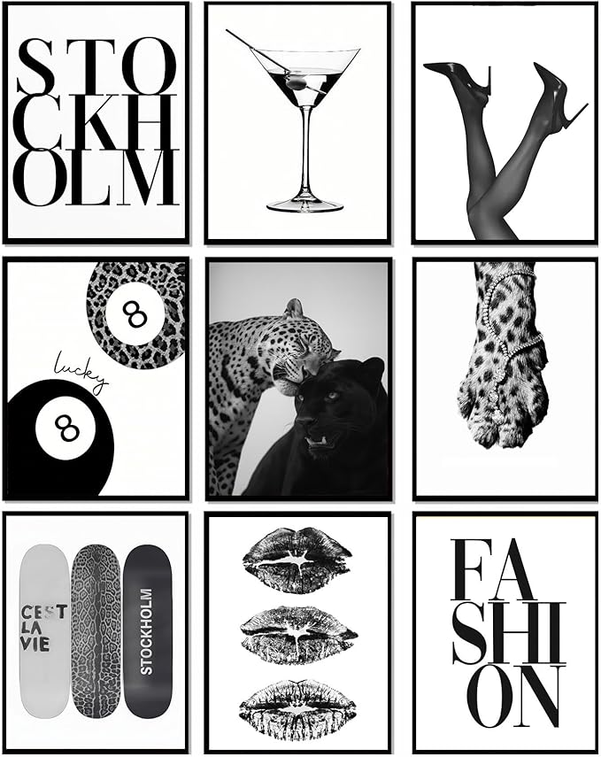 LOARTVE 9Pcs Black and White Fashion Wall Art Prints Trendy Leopard Stockholm Cocktail Lucky 8 Ball Pictures Wall Decor Preppy Aesthetic Posters for Girls Bedroom Dorm Apartment Unframed 8x10in
