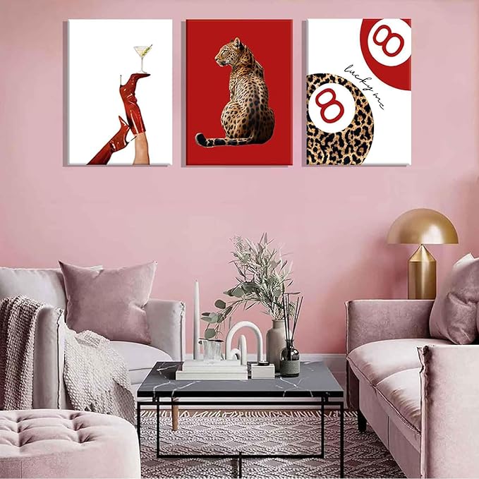 3Pcs Trendy Leopard Wall Art Preppy Funky Red Boot Martini 8 Ball Wall Decor Pictures Vintage Feminism Aesthetic Cheetah Canvas Poster Prints for Girly Bedroom Apartment Dorm Decoration 12X16