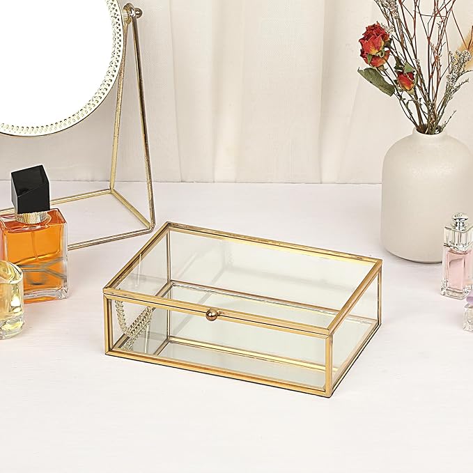 Glass Vatage Glass Box Gold Mirror Jewelry Box Lidded Keepsake Boxes Trinket Case for Ring Earring Storage Decorative Jewelry Organizer for Dresser Bathroom Office, 6.3x 4.3x 2 Inch