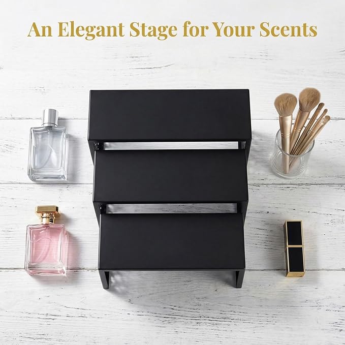 AIM & GGKK 3-Tier Black Perfume Organizer Stand | Rustproof Metal Cologne Display Rack for Cluttered Vanity & Bathroom | Space-Saving Vertical Fragrance Holder & Elegant Cupcake Tower for Party Decor
