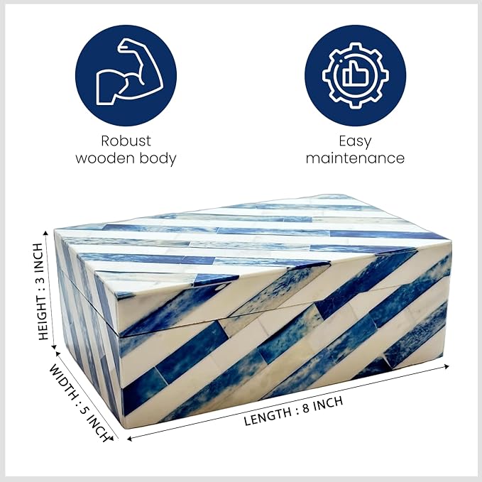 Perilla Home Home Decor Decorative Storage Wooden Box Small Lazio Organizer Tool Stash Card Craft Treasure Trinket Memory Keepsake Jewelry Box for Men and Women, Gifts For All, Blue and Off White