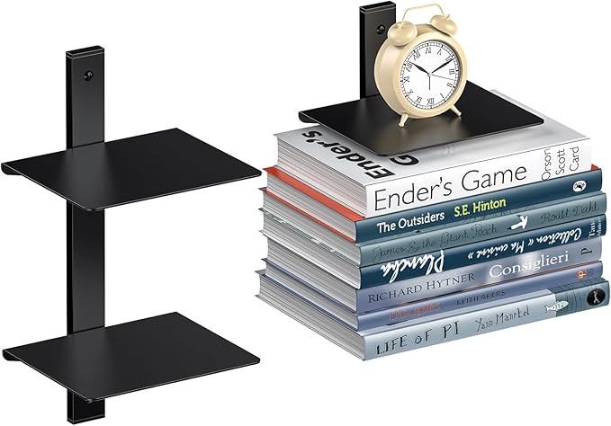 Floating Book Shelves for Wall, 2 Tier Invisible Floating Bookshelf, Vertical Spine Book Tower, Wall Mounted & Space Saving, Heavy Duty Metal Book Organizer for Home Office, 1 Pack Black